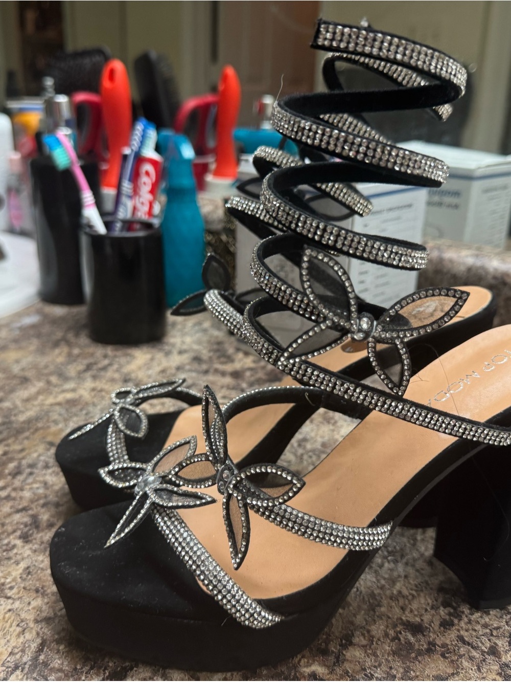TOP Moda Black Crystal Floral Wrap Platform Sandals